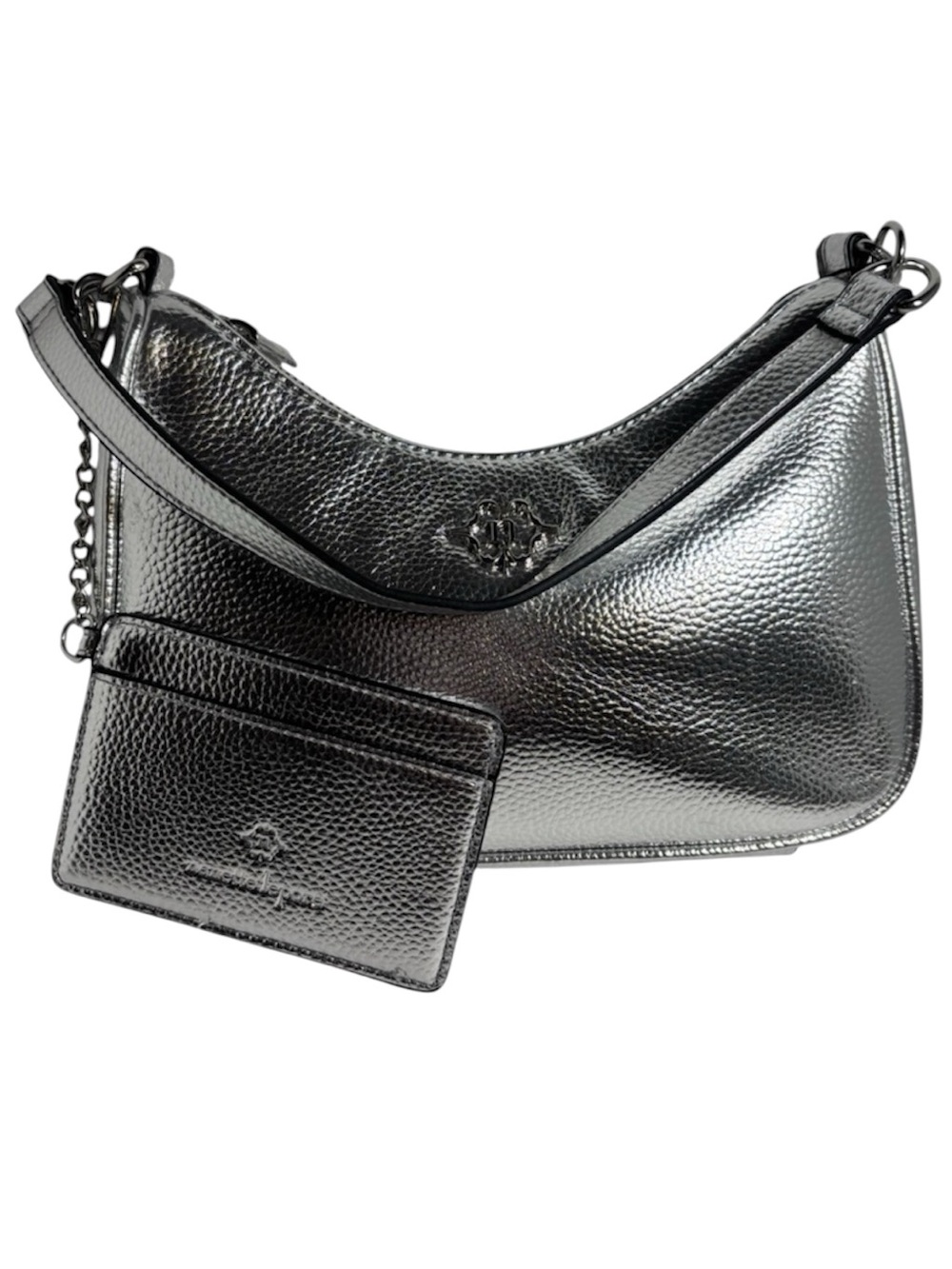 Nanette Lepore Mini Hobo Purse and Card Case Silver Metallic Zip Top Closure